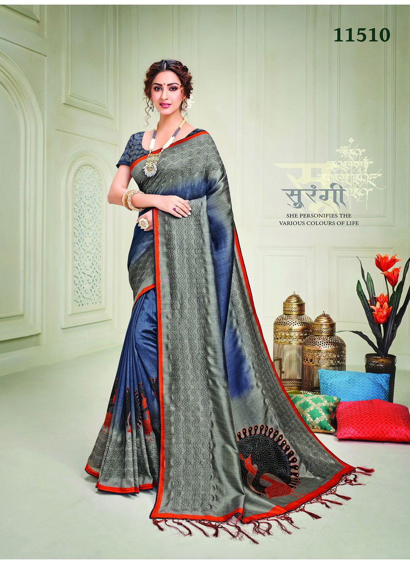Grey Blue Thread Embroidery Work Party Wear Silk Saree 11510